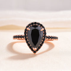 Alina - Black Pear Cut Ring in Sterling Silver